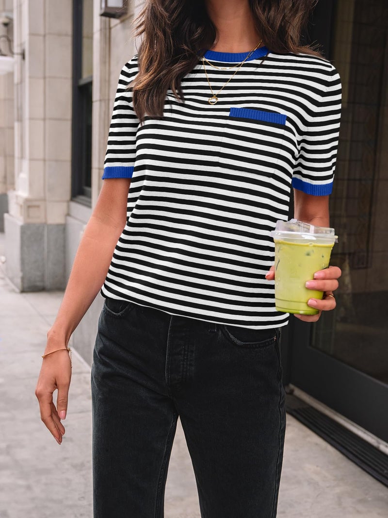 LILLUSORY Womens Spring Short Sleeve Sweater Shirts Tops Summer 2026 Cute Business Dressy Casual Teacher Trendy Outfits Clothes Blouse Work School Vacation Fashion Cotton Striped Blue Black S - Image 5