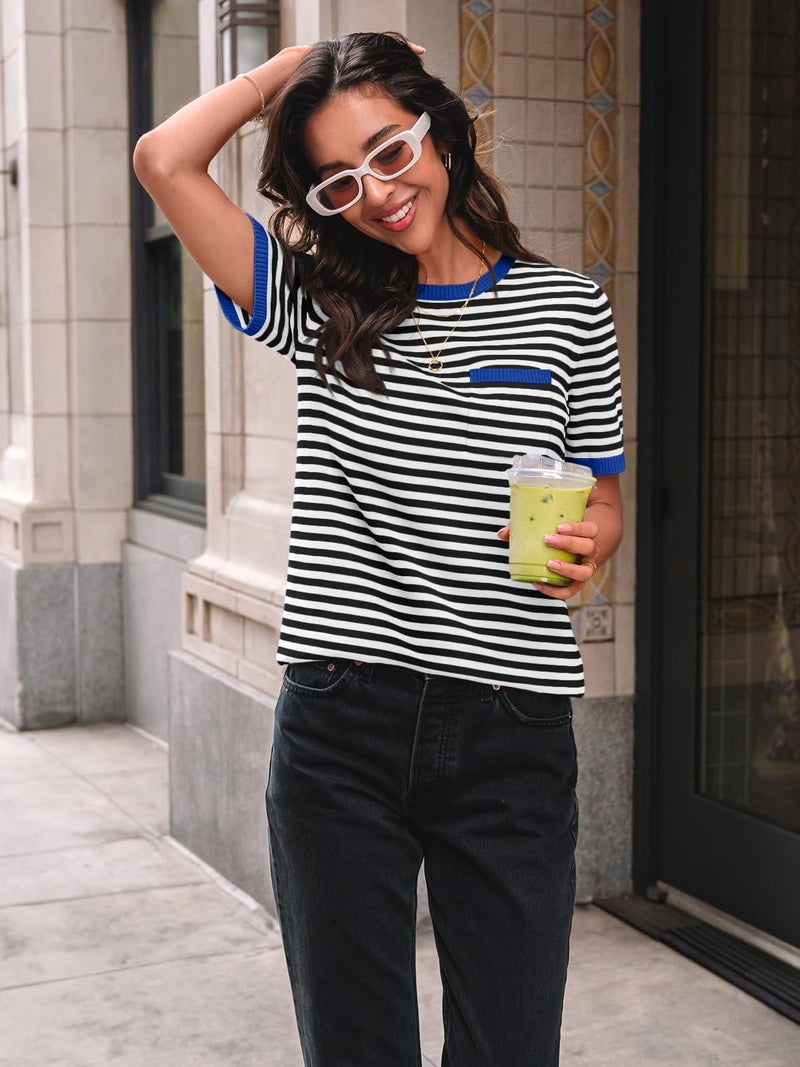 LILLUSORY Womens Spring Short Sleeve Sweater Shirts Tops Summer 2026 Cute Business Dressy Casual Teacher Trendy Outfits Clothes Blouse Work School Vacation Fashion Cotton Striped Blue Black S - Image 2