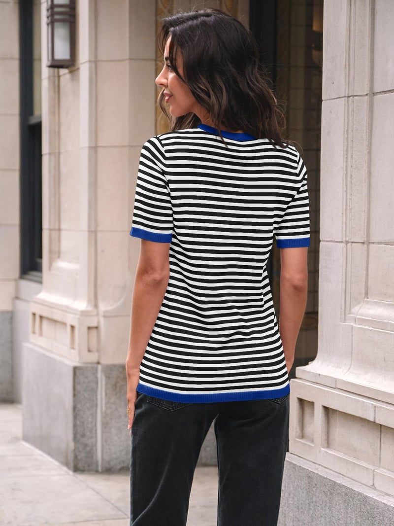 LILLUSORY Womens Spring Short Sleeve Sweater Shirts Tops Summer 2026 Cute Business Dressy Casual Teacher Trendy Outfits Clothes Blouse Work School Vacation Fashion Cotton Striped Blue Black S - Image 4