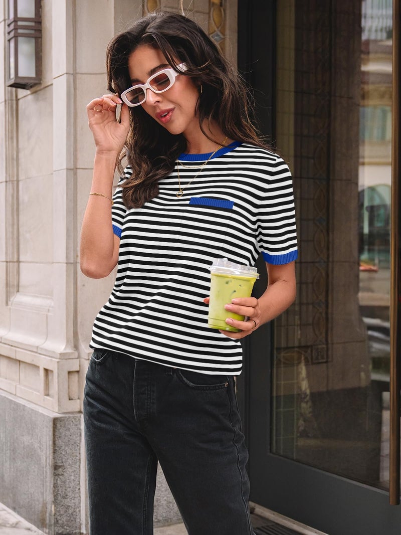 LILLUSORY Womens Spring Short Sleeve Sweater Shirts Tops Summer 2026 Cute Business Dressy Casual Teacher Trendy Outfits Clothes Blouse Work School Vacation Fashion Cotton Striped Blue Black S - Image 3