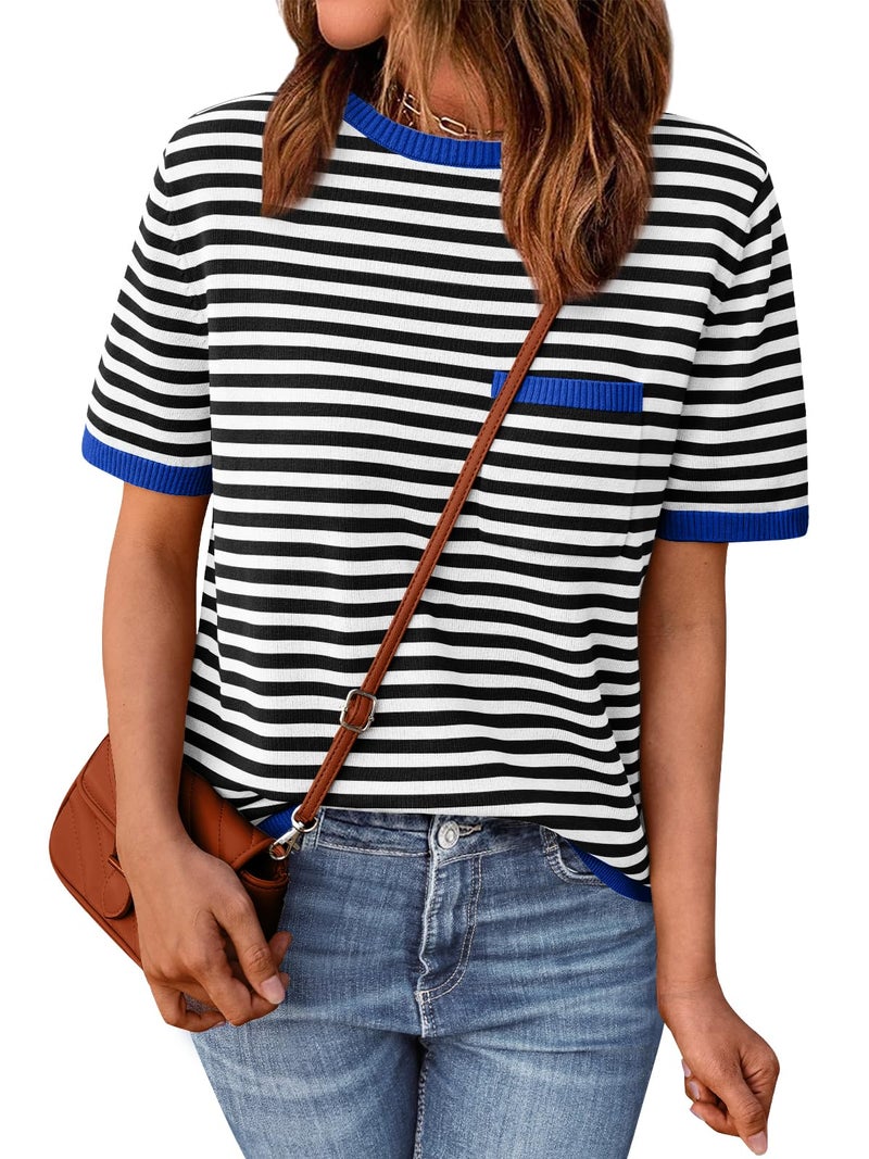 LILLUSORY Womens Spring Short Sleeve Sweater Shirts Tops Summer 2026 Cute Business Dressy Casual Teacher Trendy Outfits Clothes Blouse Work School Vacation Fashion Cotton Striped Blue Black S - Image 1