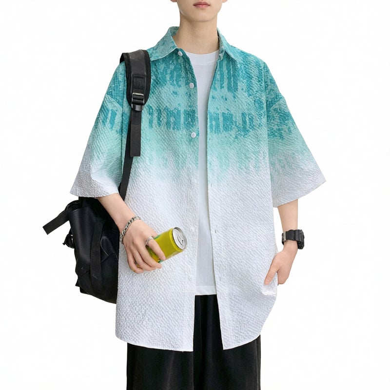 Men's Short Sleeve Casual Shirt Summer Gradient Design Lightweight Blouse - Image 2