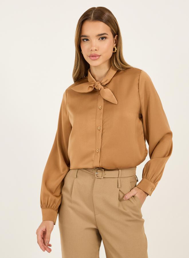 Styli Styli Solid Regular Fit Blouse with Tie Up Neck Detail  - Image 1