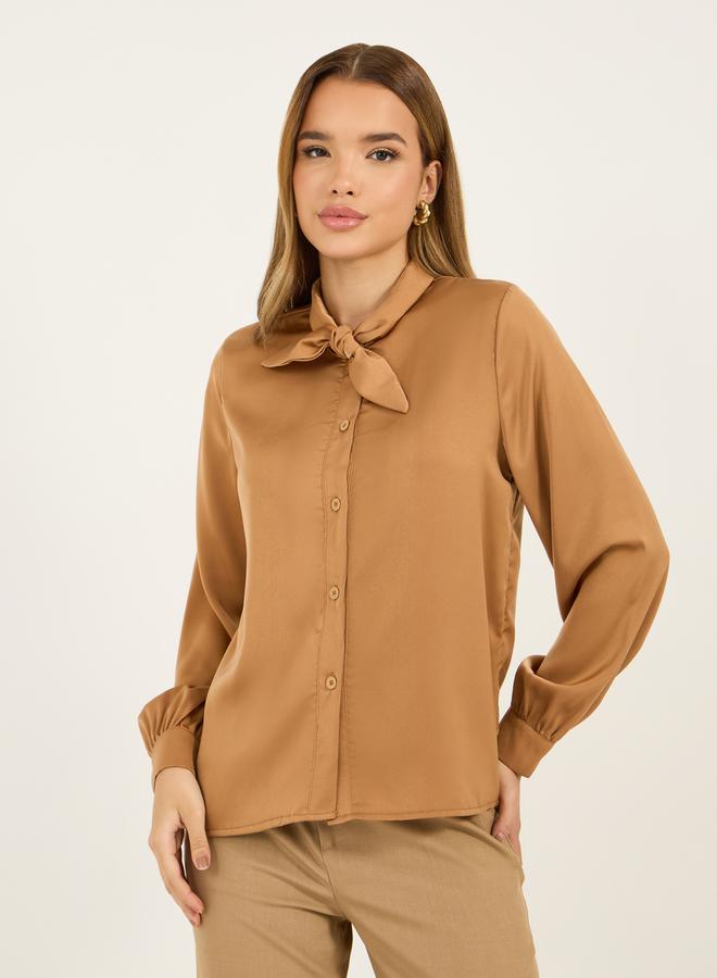 Styli Styli Solid Regular Fit Blouse with Tie Up Neck Detail  - Image 2