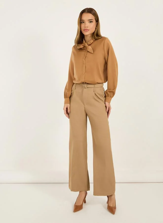 Styli Styli Solid Regular Fit Blouse with Tie Up Neck Detail