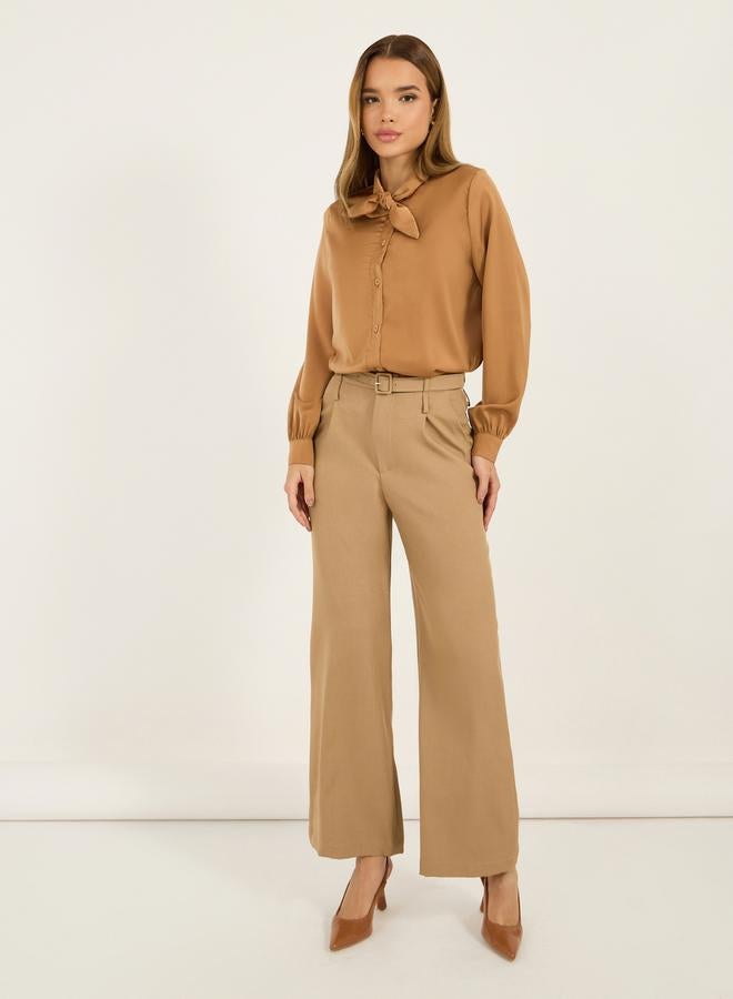 Styli Styli Solid Regular Fit Blouse with Tie Up Neck Detail  - Image 3