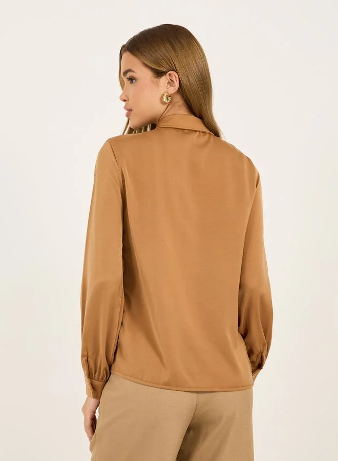 Styli Styli Solid Regular Fit Blouse with Tie Up Neck Detail