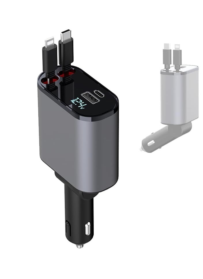 SYOSI 4-in-1 Car Charger with Dual Retractable Cable, Dual Port USB C PD Fast Charging Car Adapter Car Cigarette Lighter Adapter with Voltage Display Compatible with iPhone 14 13 Pro Max, iPad, Samsung  - Image 1