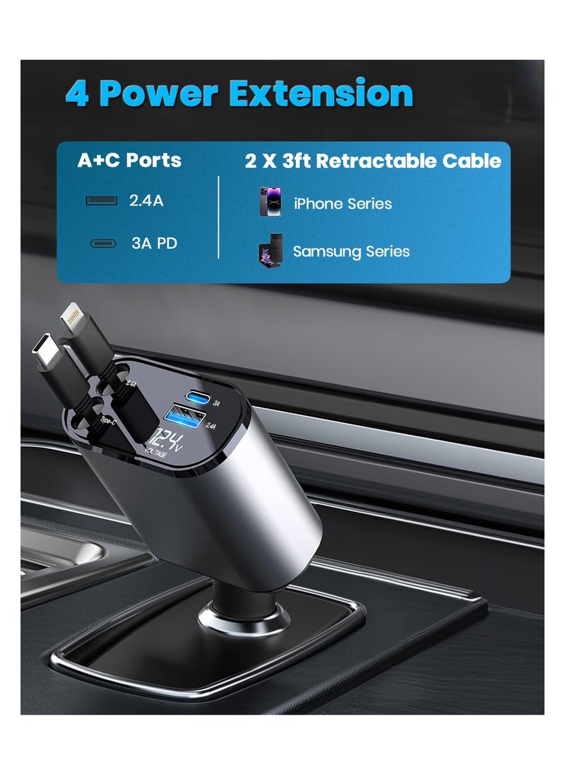 SYOSI 4-in-1 Car Charger with Dual Retractable Cable, Dual Port USB C PD Fast Charging Car Adapter Car Cigarette Lighter Adapter with Voltage Display Compatible with iPhone 14 13 Pro Max, iPad, Samsung  - Image 2