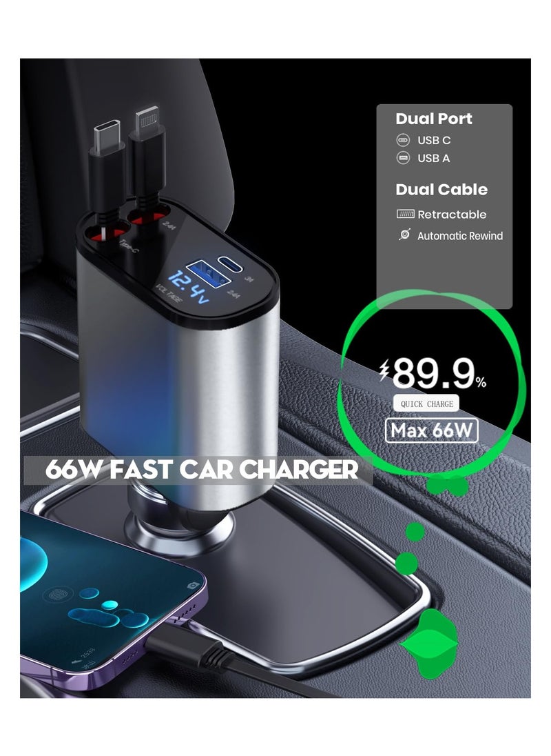 SYOSI 4-in-1 Car Charger with Dual Retractable Cable, Dual Port USB C PD Fast Charging Car Adapter Car Cigarette Lighter Adapter with Voltage Display Compatible with iPhone 14 13 Pro Max, iPad, Samsung  - Image 3