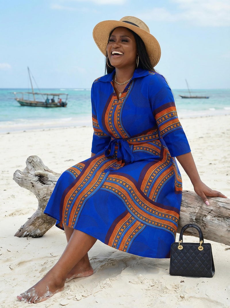 FANDEE Midi Dresses for Women Plus Size Summer V-Neck Cocktail Dress with Pockets for Valentines Easter Birthday Royal Blue Print 4XL - Image 4