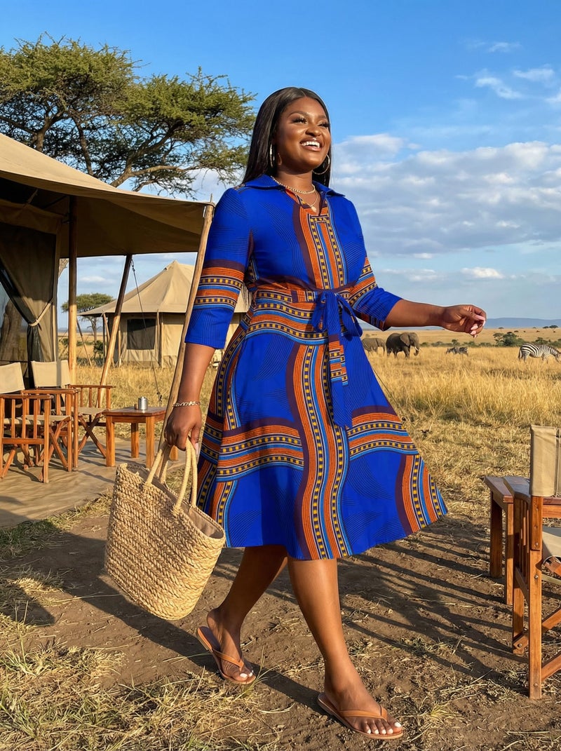 FANDEE Midi Dresses for Women Plus Size Summer V-Neck Cocktail Dress with Pockets for Valentines Easter Birthday Royal Blue Print 4XL - Image 3
