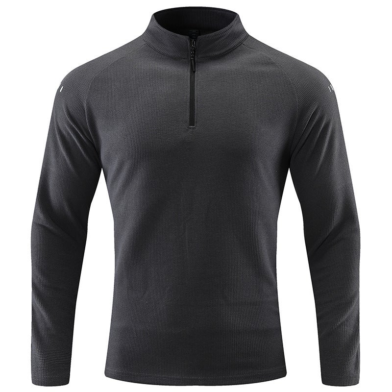 Generic Mens Long Sleeve T-Shirt Half Zip-Up Autumn Winter Breathable Elastic Outdoor Sports Casual Top With Fleece Lining Dark gray