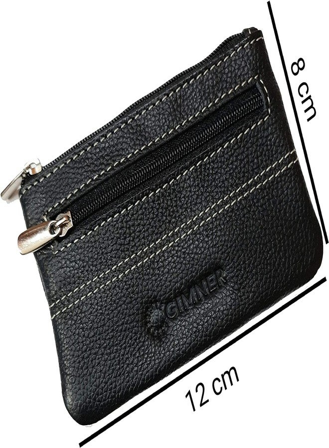 GIMNER Genuine Leather Coin Pouch/Leather Coin Purse with 2 Key Holding Chain Custom Upper for Women (Black 1) - Image 3