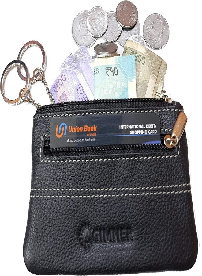 GIMNER Genuine Leather Coin Pouch/Leather Coin Purse with 2 Key Holding Chain Custom Upper for Women (Black 1) - Image 2