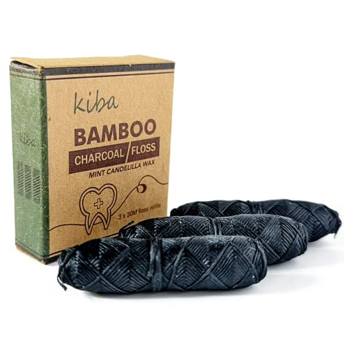 Kiba Bamboo Charcoal Floss 3 Piece Refill Set (3 x 30M Dental Floss Refills) - Eco Friendly Floss w/Candelilla Wax - Mint - Vegan - Image 1
