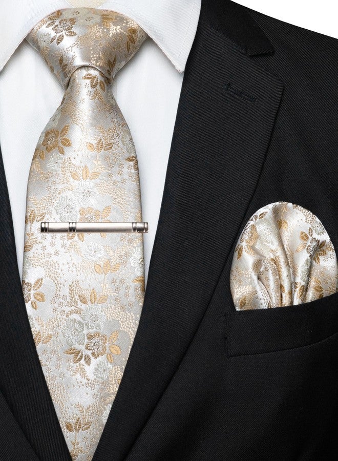 JEMYGINS Silk Champagne Floral Tie Necktie and Pocket Square, Hankerchief and Tie Bar Clip Sets for Men(45) - Image 2