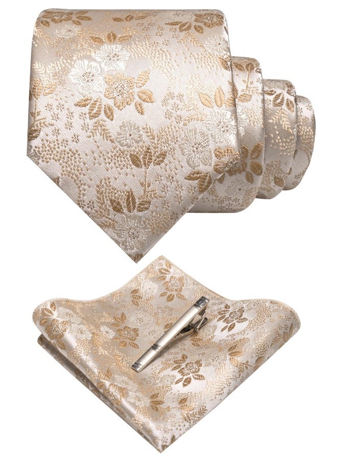 JEMYGINS Silk Champagne Floral Tie Necktie and Pocket Square, Hankerchief and Tie Bar Clip Sets for Men(45) - Image 1