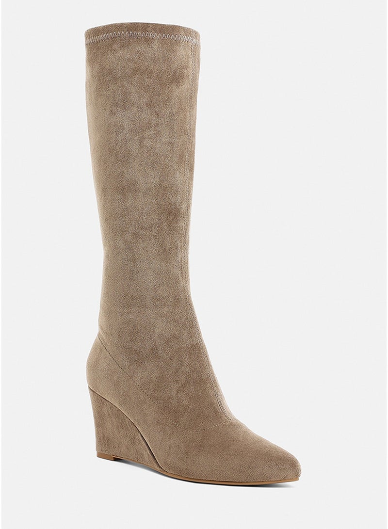 London Rag Microfiber Wedge Heel Boots in Taupe - Image 2