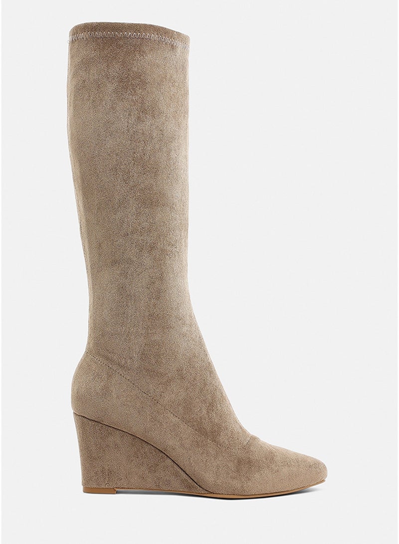 London Rag Microfiber Wedge Heel Boots in Taupe - Image 1