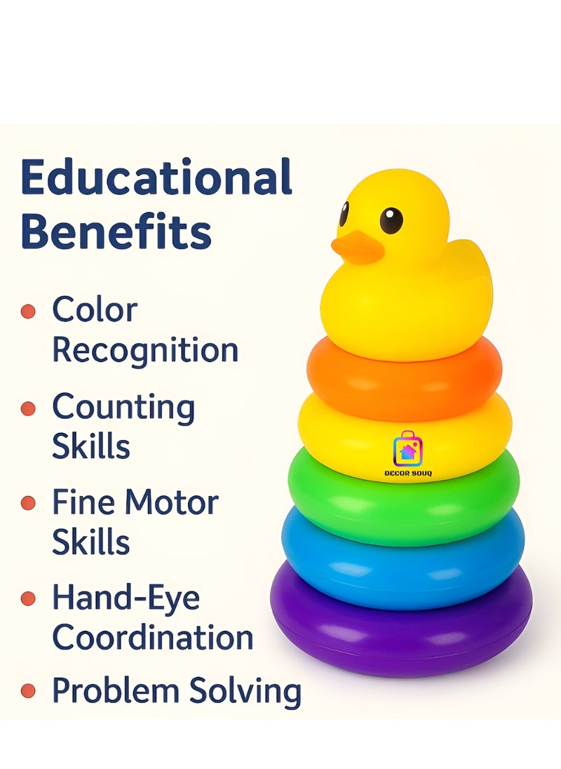 DECOR SOUQ Colorful 5-Layer Stacking Toy for Toddlers with Duck Top – Rainbow Ring Tower for Baby Learning, Early Education & Hand-Eye Coordination – BPA-Free Plastic Stack Toy for Infants & Kids – Montessori Sensory Development Toy – Educational Gift for Boys & Girls – Ideal for 1-3 Year Old Babies – Lightweight, Safe & Durable Early Learning Toy – Developmental Stacker for Fine Motor Skills – UAE Toy for Toddlers – Stacking Circle Jenga Style  - Image 2