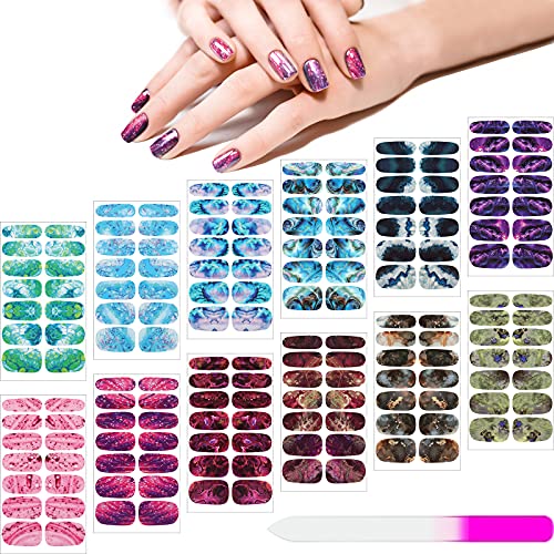 Maitys 168 Pcs 12 Sheets Full Wrap Nail Stickers Polish Strips Gradient Stickers Glitter Self Adhesive DIY Gel Nail Strips Decals with Fingernail Files for Women Holiday DecorAbstract Style - Image 1