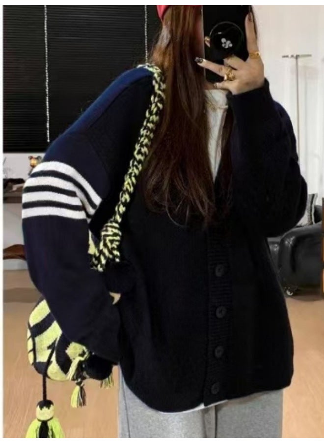 Leyuan Autumn Winter Striped V-neck Academic Fashion Coat Large Size Loose Knit Cardigan Top Long Sleeve Sweater Women - Image 4