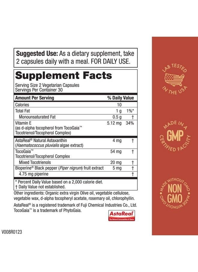 Purity Products - Astafx Astaxanthin Antioxidant Super Formula From Clinically Tested 4 Mg Astareal With Full Spectrum Tocotrienols (Vitamin E) + Bioperine Black Pepper + Piperine 60 Vegetarian Caps - Image 1
