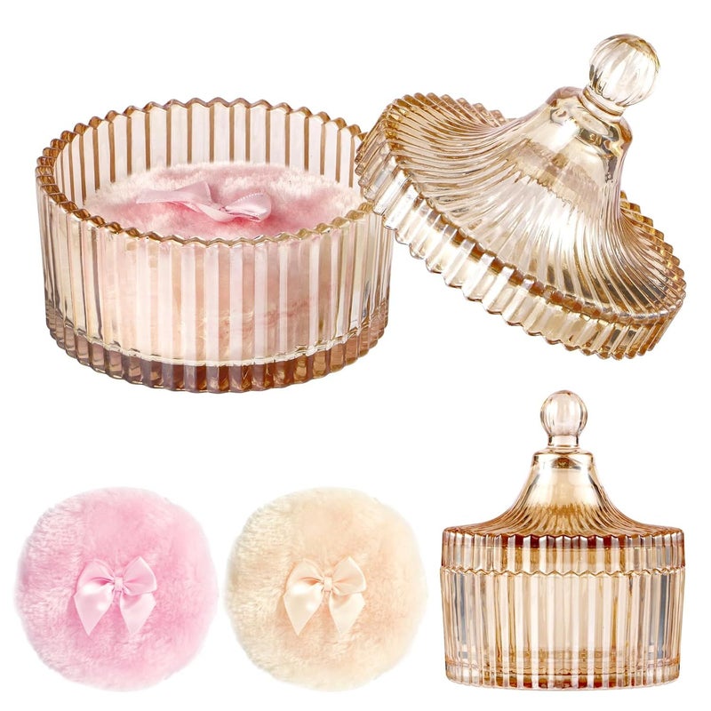 1 Set Dusting Powder Container with 3 Puffs Apricot Pink Amber Glass Jar Washable Reusable Wet Dry Powder Applicator for Women - Image 3