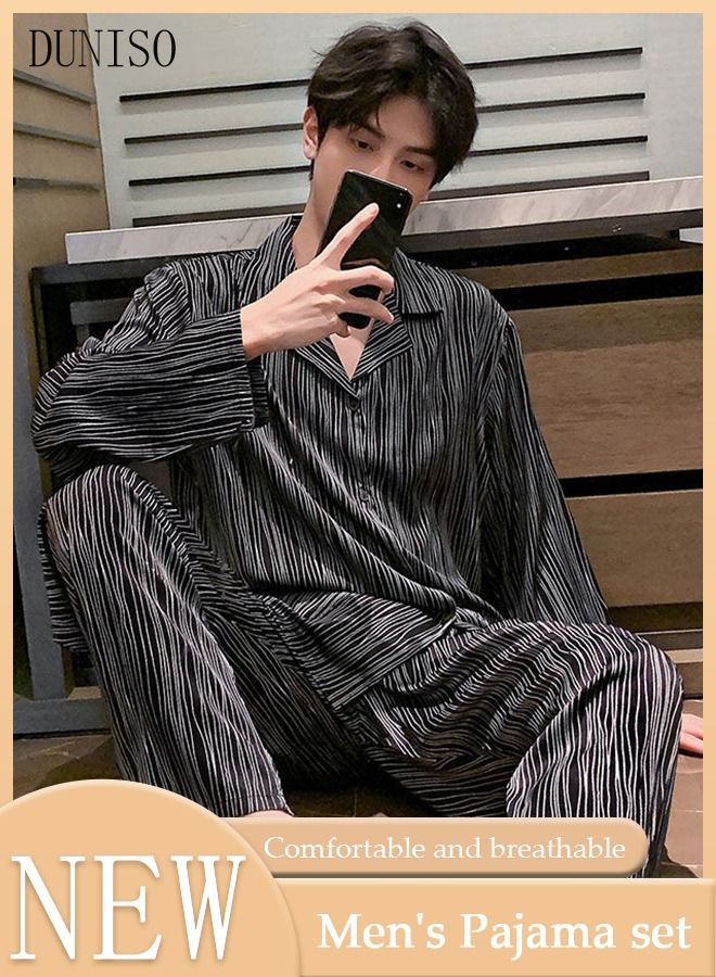 DUNISO 2-piece Men' s Pajama Set Silk Satin Long Sleeve Sleepwear with Button Classic Loungewear Nightwear Notch Neck Shirt and Waist Elastic Pants Pajama for Men - Image 1