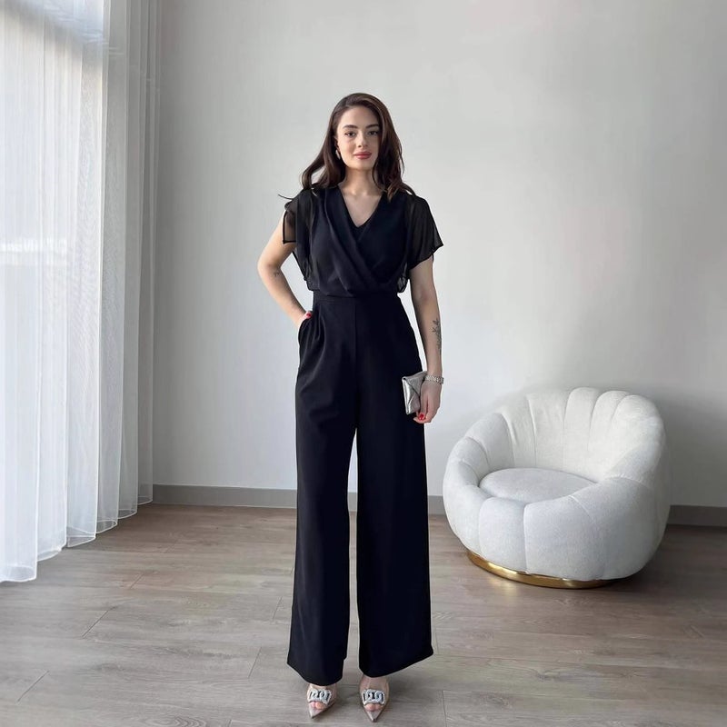 Women'S Fashion V-Neck Sleeveless Slim-Fit Waisted Solid Color Pants - Image 1