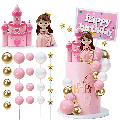KEEPARTY 26PCS Princess Castle Cake Topper Girl Princess Cake Decoration Happy Birthday Insert Cards for Girl Birthday Party Supplies - Image 1