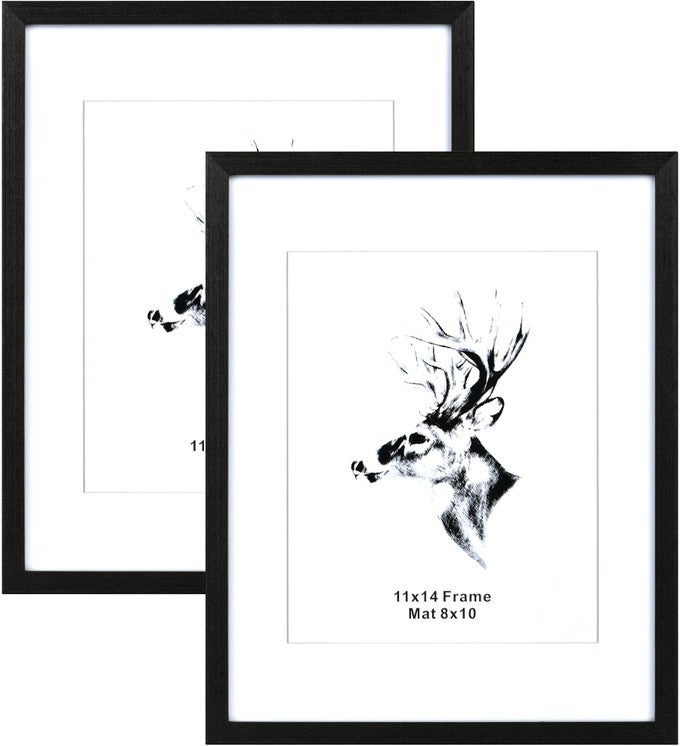 BLACK WOOD 11X14 PICTURE FRAME WITH MAT FOR 8X10 SET OF 2 SOLID WOOD PHOTO FRAMES WITH TEMPERED GLASS 11 X 14 FRAMES FOR WALL MOUNTING 2 PACK BLACK