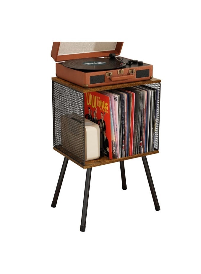 RECORD PLAYER STAND WITH STORAGE FOR UP TO 100 ALBUMS, RETRO VINYL RECORD HOLDER, ADJUSTABLE DIVIDER, BOOK/LP STORAGE ORGANIZER, VINYL TABLE FOR BEDROOM & LIVING ROOM