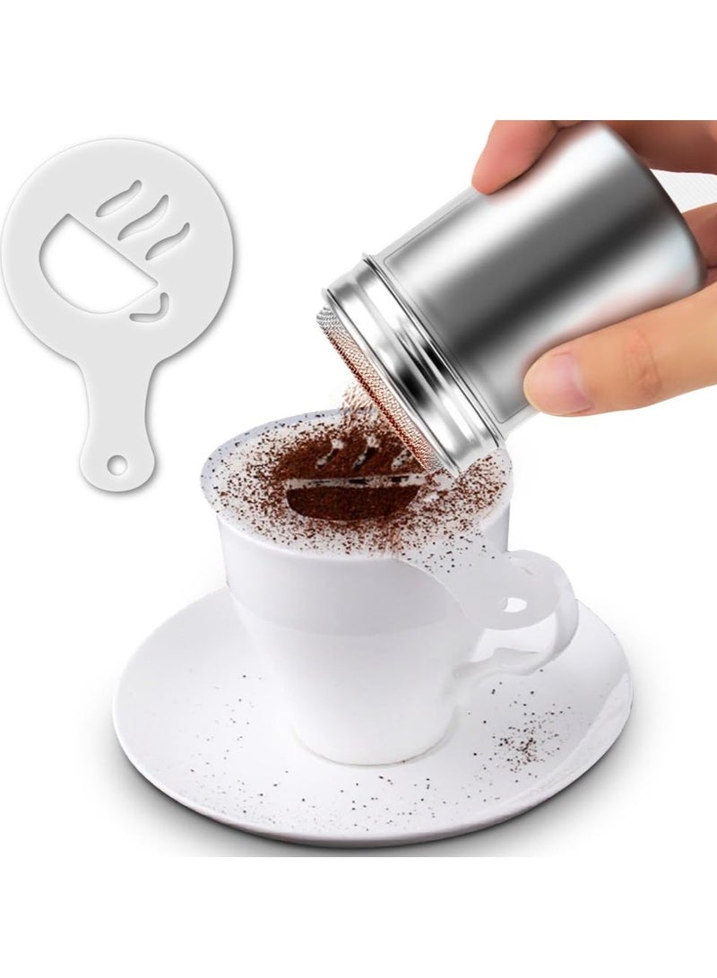 2 علبة بودرة من الفولاذ المقاوم للصدأ، علبة بودرة شبكية لمسحوق القهوة والكاكاو والقرفة مع غطاء، مع 16 قالب طباعة واستنسل - Image 2