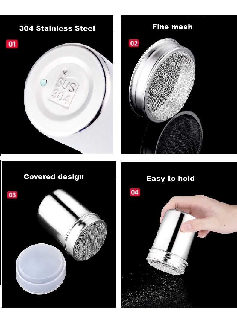 2 علبة بودرة من الفولاذ المقاوم للصدأ، علبة بودرة شبكية لمسحوق القهوة والكاكاو والقرفة مع غطاء، مع 16 قالب طباعة واستنسل - Image 4