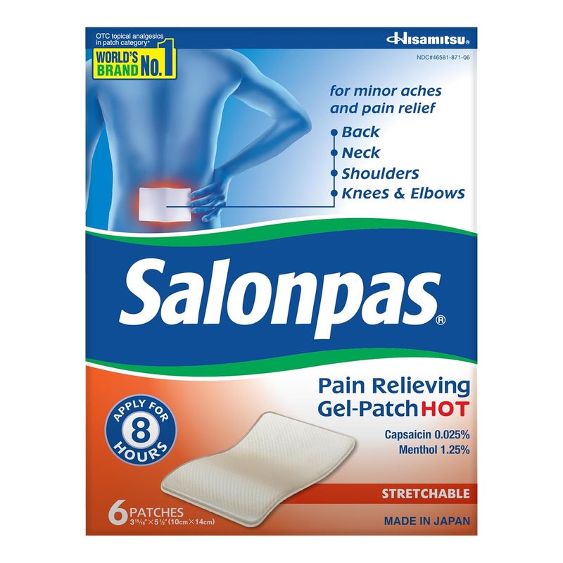 Salonpas لصقة جل مسكنة للألم ساخنة، 6 قطع (عبوة من 1)، منتول وكابسيسين، تخفيف مؤقت لمدة تصل إلى 8 ساعات لآلام الظهر، العضلات المؤلمة، الالتواءات، الكدمات - Image 1