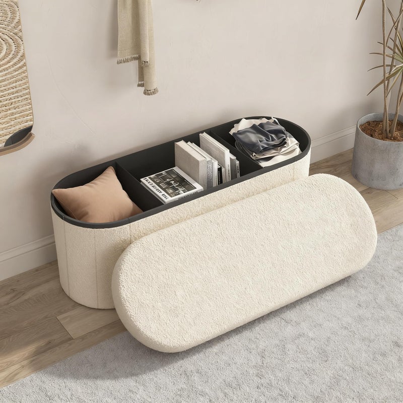 GLAXYFUR Oval Storage Ottoman Bench, Sherpa Foot Rest, 43 Inch Folding Chest for Living Room, Bedroom, White - Image 1