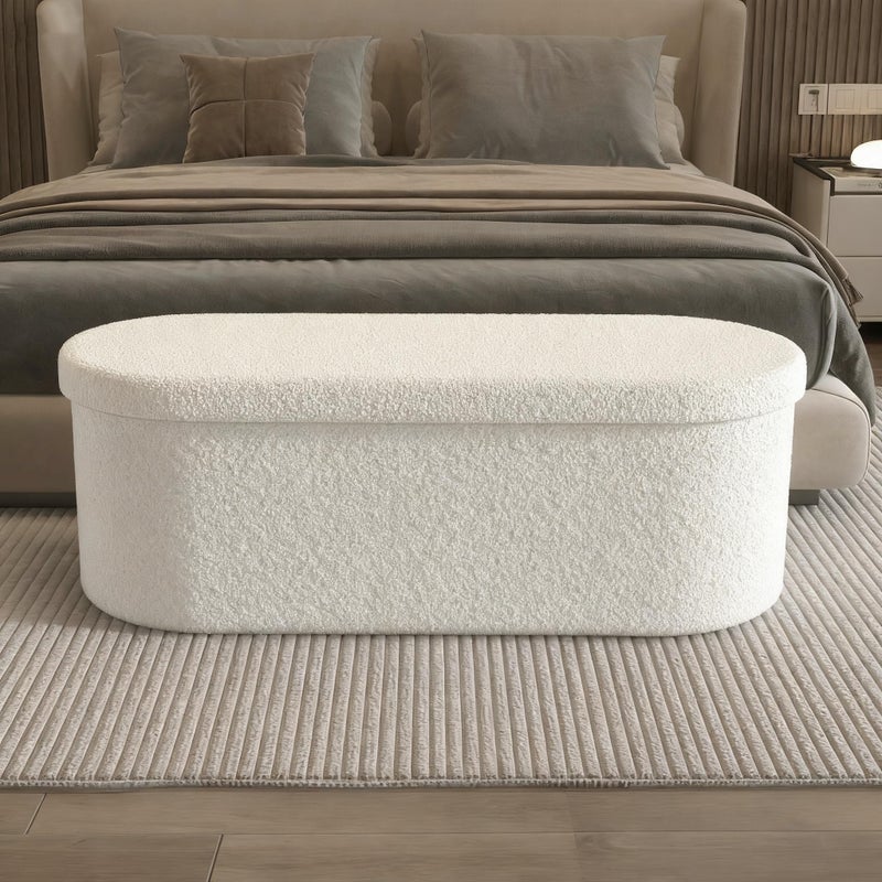 GLAXYFUR Oval Storage Ottoman Bench, Sherpa Foot Rest, 43 Inch Folding Chest for Living Room, Bedroom, White - Image 3