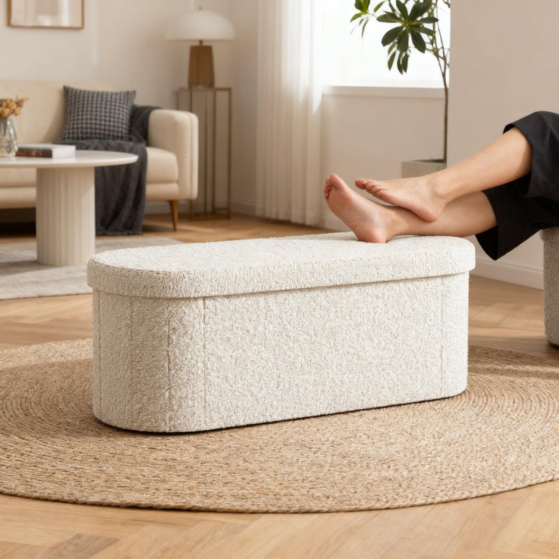 GLAXYFUR Oval Storage Ottoman Bench, Sherpa Foot Rest, 43 Inch Folding Chest for Living Room, Bedroom, White - Image 2