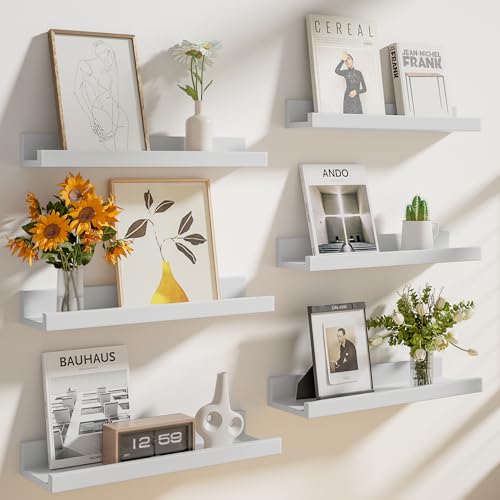 Heimlove Floating Shelves Set of 6 16 Wall Mounted Picture Ledge Display Shelf Organizer for Decor Storage Wall Mounted Shelves for Living Room Bedroom Bathroom Kitchen White - Image 1