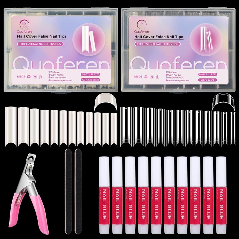 Deciniee 480PCS Extra Long C Curve Nail Tips and Glue, 2 Packs Natural and Clear Acrylic for Nails Professional Set, 12 Sizes Artificial Straight Square French False Nail Tips - Image 1