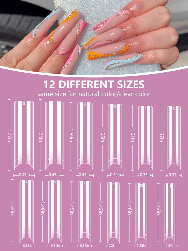 Deciniee 480PCS Extra Long C Curve Nail Tips and Glue, 2 Packs Natural and Clear Acrylic for Nails Professional Set, 12 Sizes Artificial Straight Square French False Nail Tips - Image 4