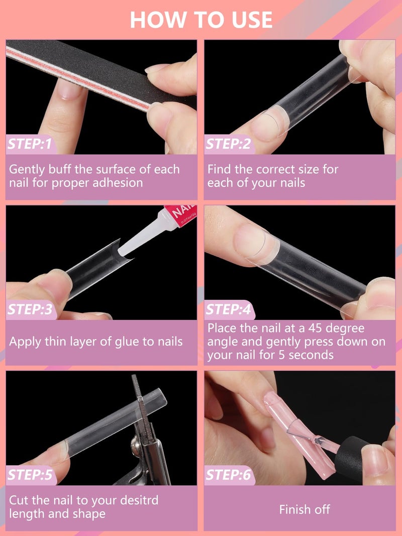 Deciniee 480PCS Extra Long C Curve Nail Tips and Glue, 2 Packs Natural and Clear Acrylic for Nails Professional Set, 12 Sizes Artificial Straight Square French False Nail Tips - Image 5