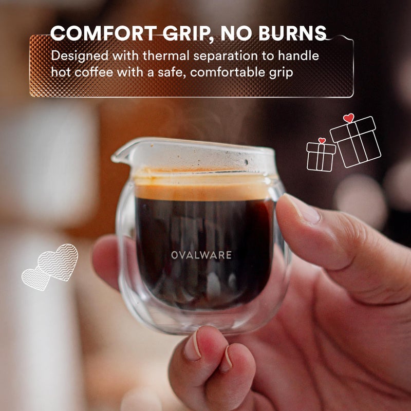 ovalware Espresso Pouring Glass Set of 2 | Double-Wall 2.7oz/80ml Shot Measuring Cup | Heat Protective Comfort | Oval Measurement Dots for Ristretto and Espresso | Drip-Free Precision Spout - Image 3