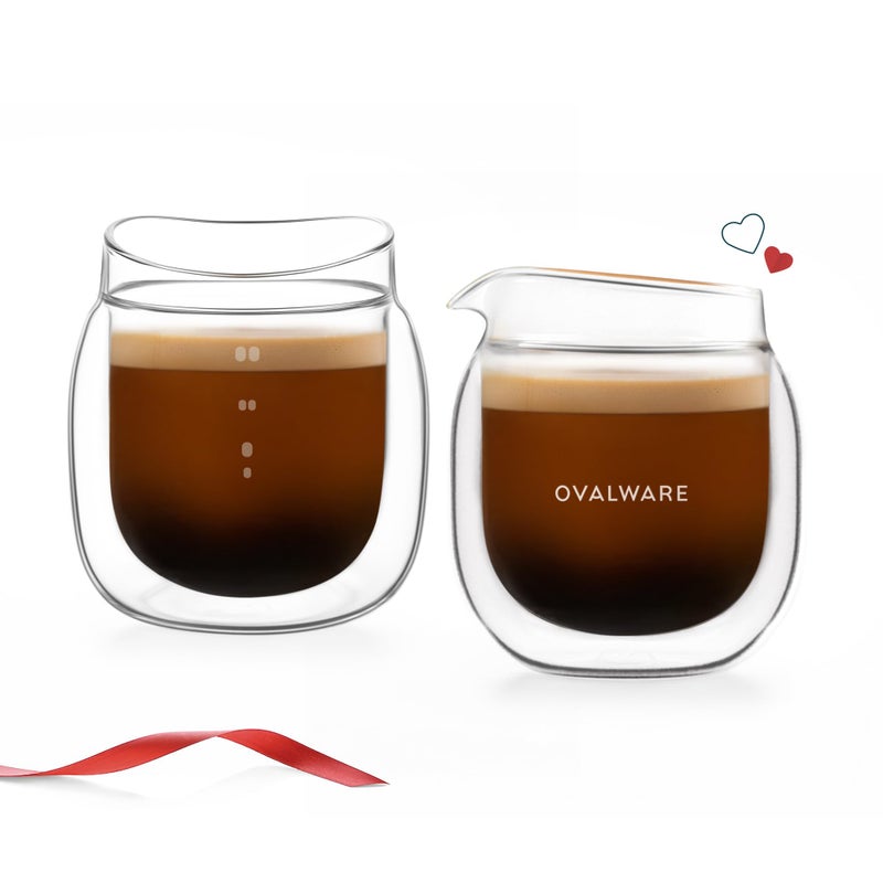 ovalware Espresso Pouring Glass Set of 2 | Double-Wall 2.7oz/80ml Shot Measuring Cup | Heat Protective Comfort | Oval Measurement Dots for Ristretto and Espresso | Drip-Free Precision Spout - Image 1