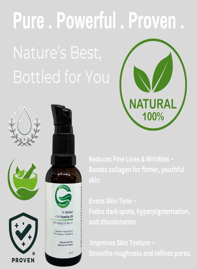 Greenviv 1% Retinol + 5% Rosehip Oil Anti-Aging Oil Serum | Reduces Fine Lines & Wrinkles, Improves Skin Texture & Enhances Elasticity | 30ml - Image 2