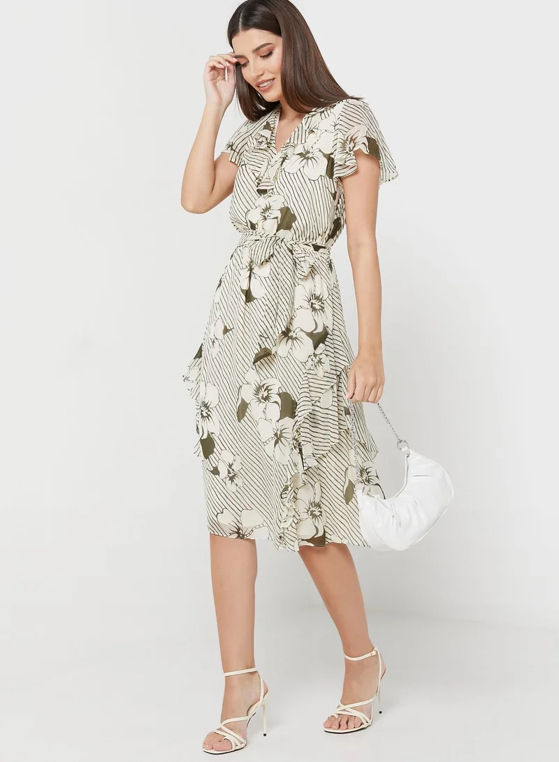 Lauren Ralph Lauren V-Neck Tie Detail Waterfall Trim Dress