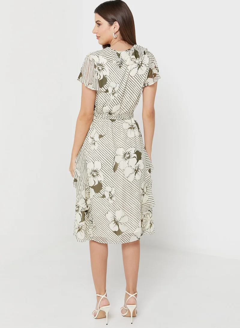 Lauren Ralph Lauren V-Neck Tie Detail Waterfall Trim Dress