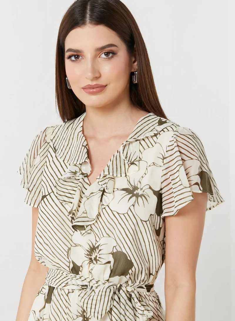Lauren Ralph Lauren V-Neck Tie Detail Waterfall Trim Dress